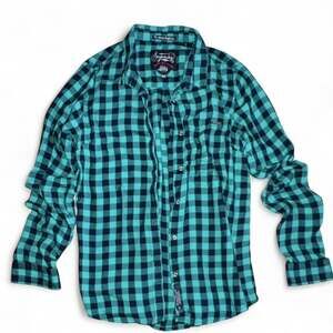 Superdry The Classic Boyfriend Teal and Black Gingham Plaid Flannel Shirt Size M